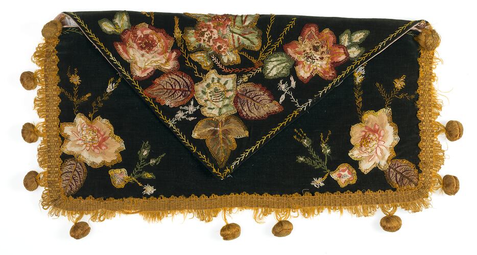 Handkerchief Sachet - Dark Green Velvet, Appliqued