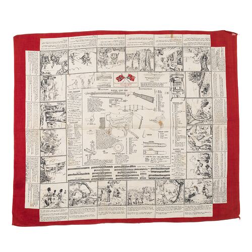 White handkerchief, red border with black printed military instructions, diagrams and images for soldiers.