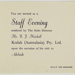 Invitation - Kodak Australasia Pty Ltd, 'Staff Evening', Adelaide, 05 Nov 1947