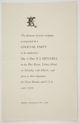 Invitation - Kodak Australasia Pty Ltd, Mr & Mrs Mitchell Farewell Party, Sydney, 15 Mar 1948