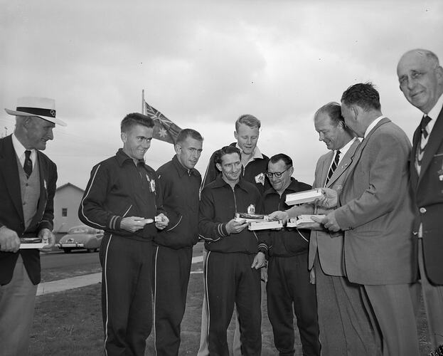 Presentation of Gifts to Australian Athletes, Olympic Village, Heidelberg West, Victoria, 1956