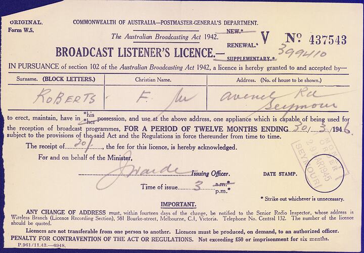 Broadcast Listener's Licence - Commonwealth of Australia, Postmaster General's Department, 29 Mar 1945