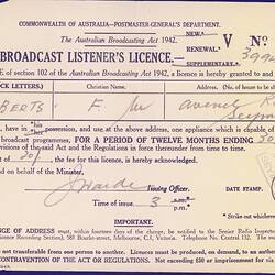 Broadcast Listener's Licence - Frederick & Amelia Roberts, Commonwealth of Australia, Postmaster General's Department, 29 Mar 1945