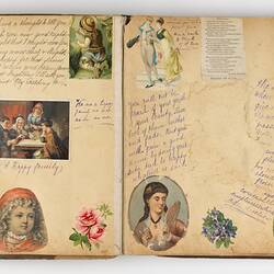 Open scrapbook showing 2 pages of inscriptions and illustrations, mostly portraits, birds and floral motifs.