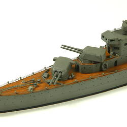 Naval ship with two masts, detail of bow.