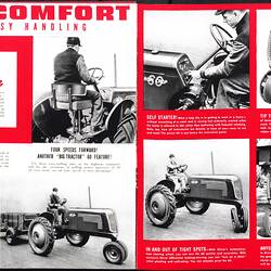 Open booklet, seven images,  man and tractor. Red and black printed text.