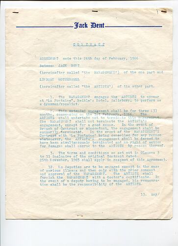 Contract - Musical Employment, Lindsay Motherwell, Jack Dent, Meikles Hotel, Rhodesia, 24 Feb 1966