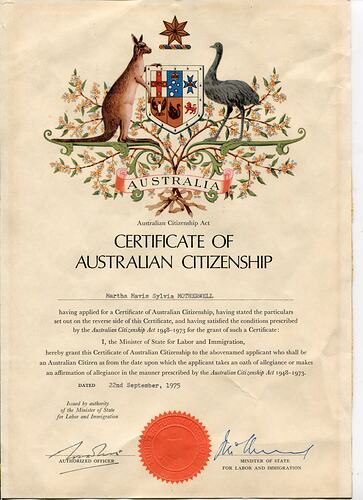 Certificate - Australian Citizenship, Sylvia Motherwell, 22 Sep 1975