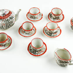 Japanese style toy tea set, viewed from above.