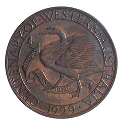 Round bronze-coloured medal with swan advancing left with wings spread, text around edge.