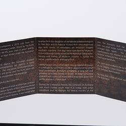 Open standing tri-fold leaflet of dark paper. All three panels have pale text.