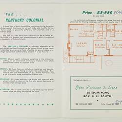 Open brochure on white paper with black and green printed text. Orange house floorplan.