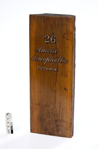 Timber sample with painted gold lettering.