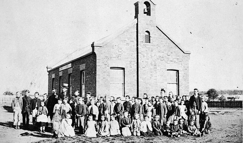 Negative - Students & Teachers Outside the Common School, Mount Moliagul, Victoria, 1872