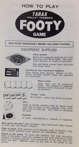Instructions  - Board Game,Tarax Polly Farmer's Footy Game, 1960s