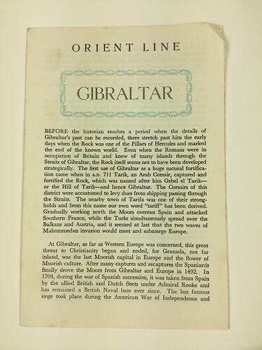 HT 54796, Booklet - Orient Line, Gibraltar, 1967 (MIGRATION), Document, Registered