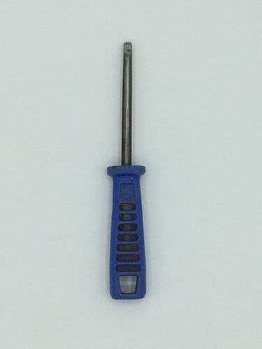 Metal chisel with blue plastic handle.