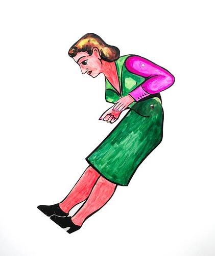 Puppet figure of a bent over woman in a green dress.