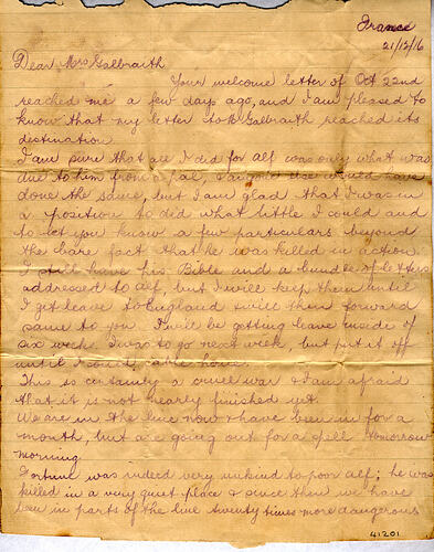 Letter - Clarrie Fraser to Mrs A Galbraith, World War I, 21 Dec 1916