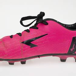 Pink Australian Rules football boot with black bootlace, lining and sole.