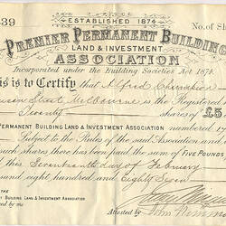 Scrip - Premier Permanent Building Land & Investment Association, Issued Victoria, Australia, 1887