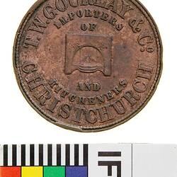 Token - 1 Penny, T.W. Courlay & Co, Ironmongers, Christchurch, New Zealand, circa 1864