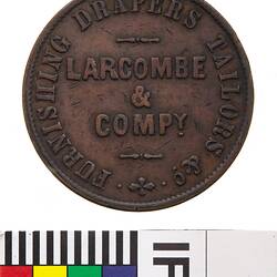 Token - 1 Penny, Larcombe & Co, Furnishing Drapers & Taylors, Brisbane, Queensland, Australia, circa 1860