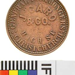 Token - 1 Penny, J. Caro & Co, General Ironmongers, Christchurch, New Zealand, circa 1863