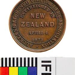 Token - 1 Penny, Auckland Licensed Victuallers Association, Auckland, New Zealand, 1871