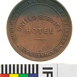 Token - 1 Penny, United Service Hotel, Auckland, New Zealand, 1874