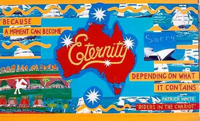 Tapestry with outline of Australia and text.