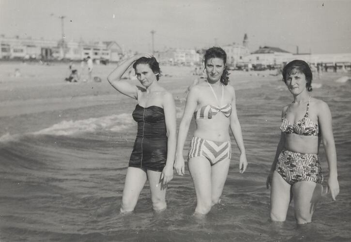Digital Photograph - Three Women Wading in Sea, Albert Park Beach, late 1950s