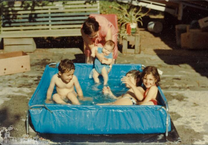 Digital Photograph - Family Playing in Wading Pool in Backyard, Yarraville, 1980