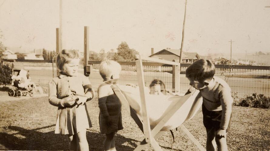 Digital Photograph - Two Boys, Two Girls & Baby, Front Yard, Ivanhoe, 1943