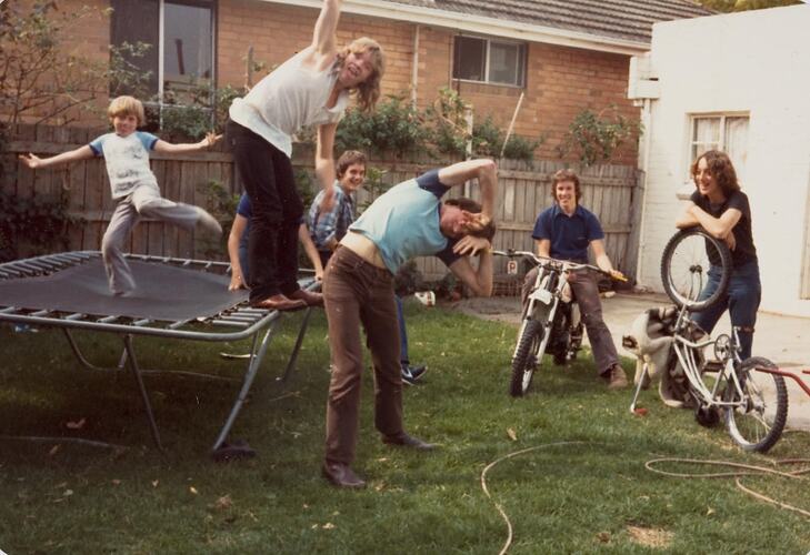 Digital Photograph - Six Boys in Backyard with Trampoline, Motorbike & Bicycle, Strathmore, 1981