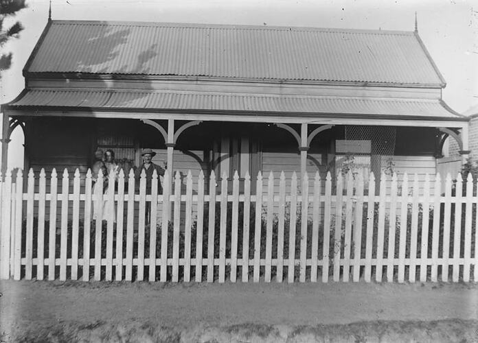 Digital Photograph - Man, Woman & Baby Standing in front of Weatherboard House, Preston, circa 1902