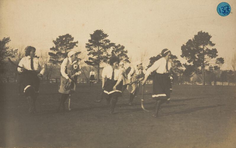 Digital Photograph - Girls Playing Hockey, Probably on Tour, Launceston, 1910-1915
