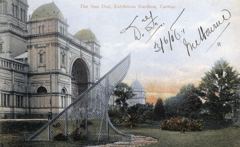 Postcard - The Sun Dial, Exhibition Building, Melbourne, circa 1908, Obverse