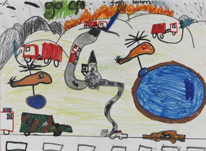 White page with colourful drawing of two helicopters above a dam, trucks and bushfire.