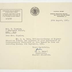 Letter - Education Department to Lili Sigalas, Notice of Appointment, 30 Aug 1961