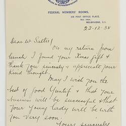 Letter - Federal Members' Rooms to Robert Salter, 22nd Dec, 1938