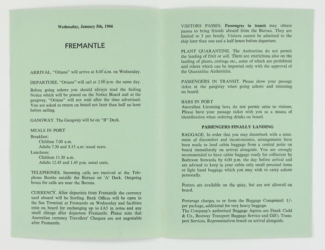 Leaflet - Fremantle, P&O Orient Line 'Oriana' Port of Call, Australia to England, 1965