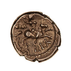 Coin, round, horseman galloping right brandishing spear; above, VIR ; below, REX ; curved ornament below.