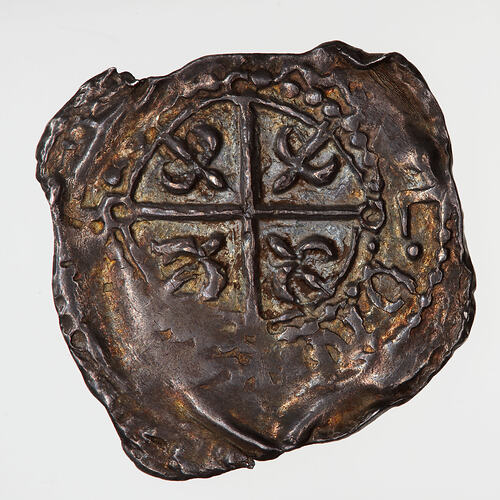 Coin, irregular, The reverse has a cross moline with a fleur in each angle; text around, + RAVL ON.