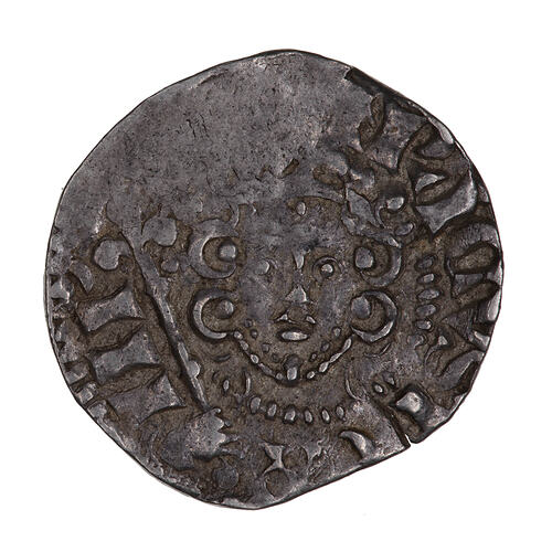 Coin, round, crowned bust of the King facing within a beaded circle, holding a sceptre.