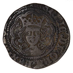 Coin, round, crowned bust of the King facing within a tressure of nine arches; text around.