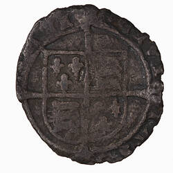 Coin, round, Royal shield below long cross which divides legend; CIVITAS.