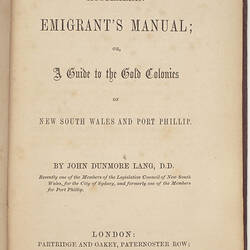 Book - J. D. Lang, The Australian Emigrant's Manual, 1852