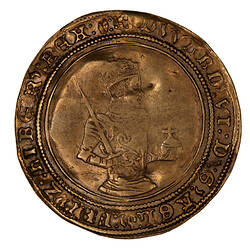 Coin, round, A half-length figure of the King facing right holding an orb and sceptre; text around.