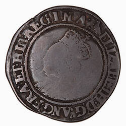 Coin, round, Within an inner bead circle, crowned bust of the Queen, wearing ruff and decorated dress.